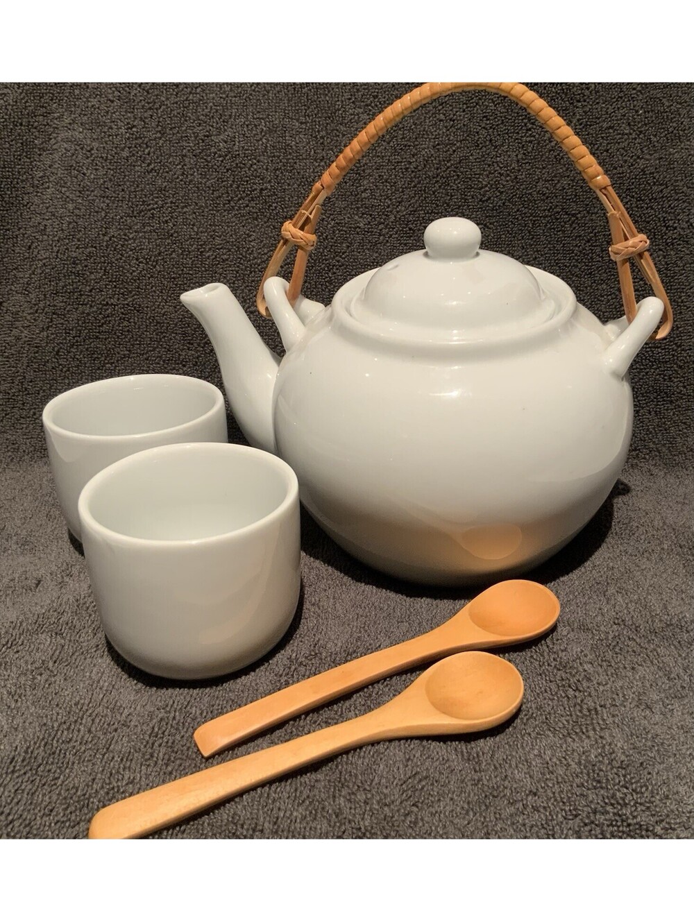 Pier 1 White Teapot with Rattan Wrapped Handle w/2 Teacups and Bamboo Spoons